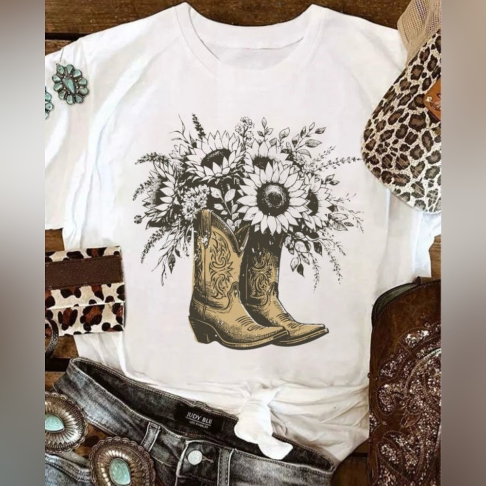 White Graphic Tee with Floral Boot Design